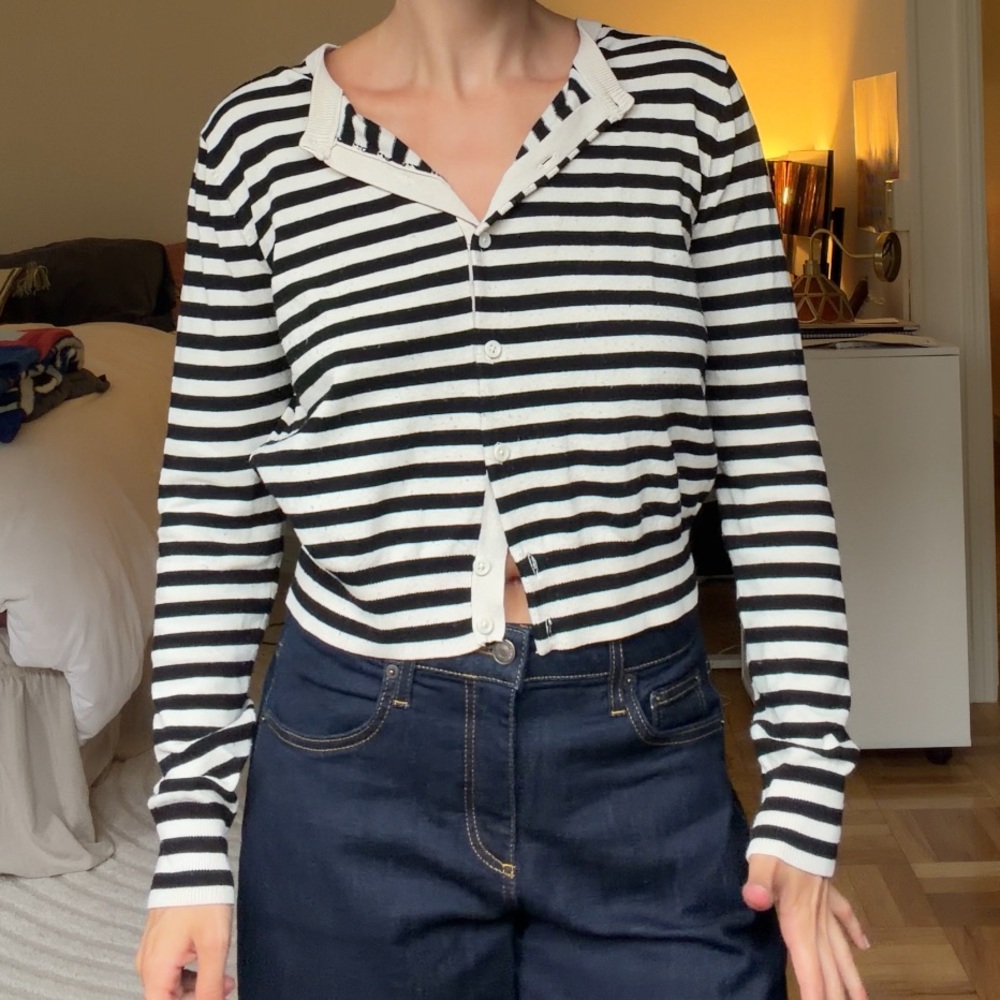 H&M Black and White Striped Button-Down Women's Top